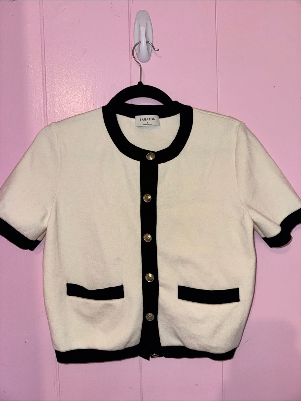 Babaton Black Knit Cardigan with Cream Trim